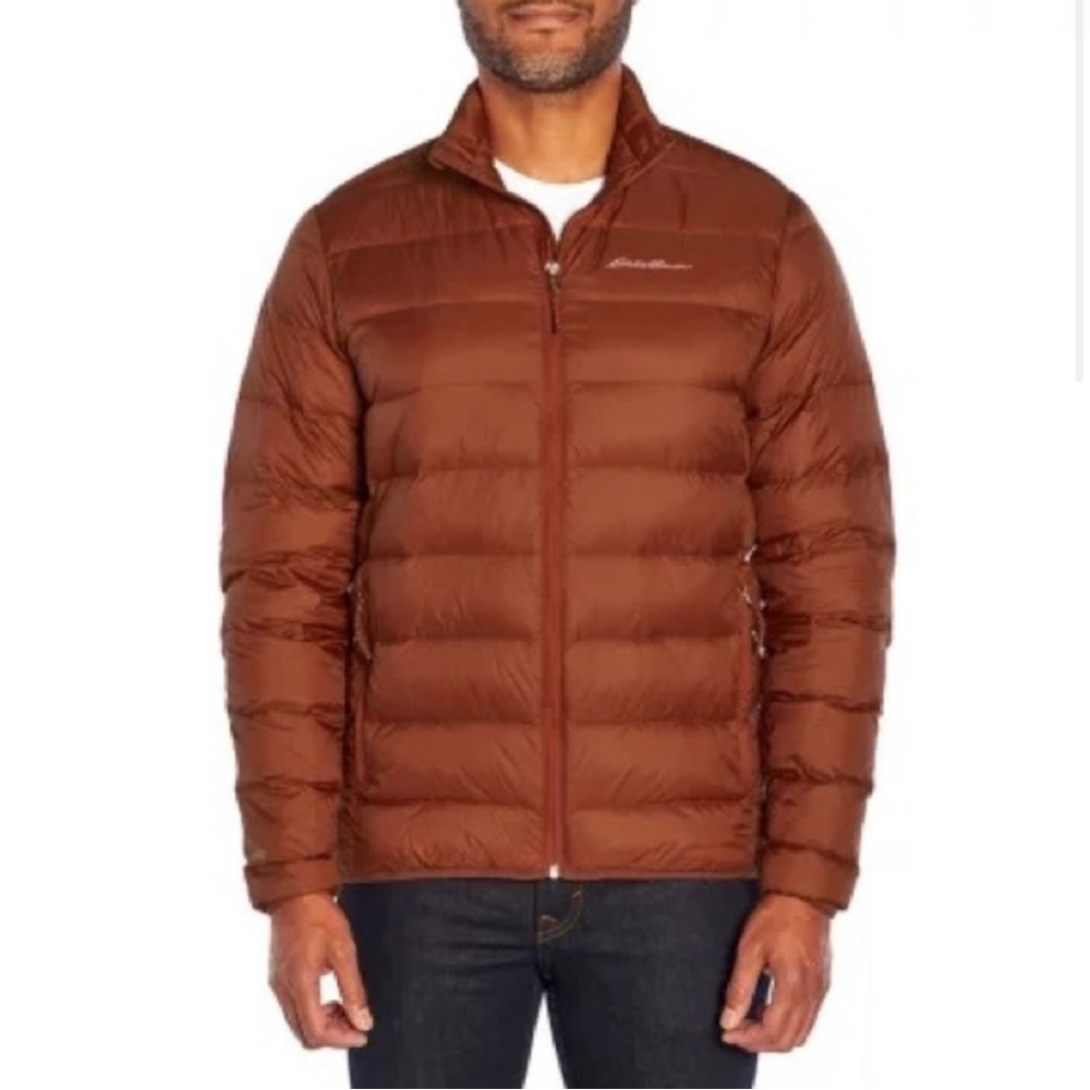 Eddie Bauer Men’s Rust Colored Packable Down Filled Puffer in Medium Tall Size.